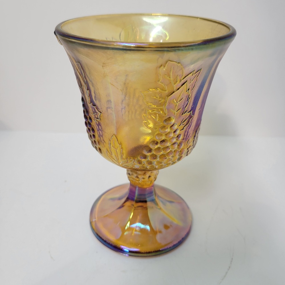 Vintage Carnival Glass Goblet‎ Iridescent Grape Leaf Pattern Footed Wine Glass